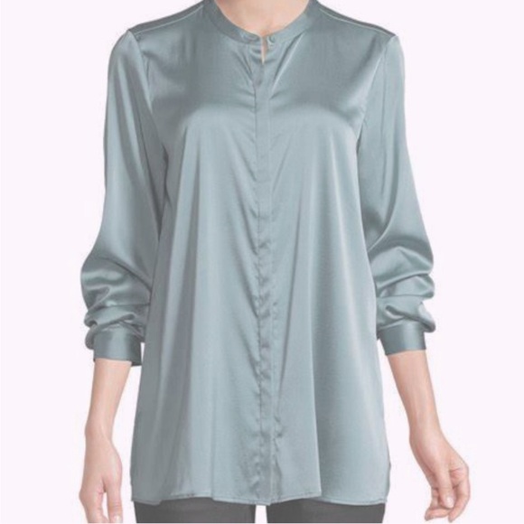 Eileen Fisher -women’s Elm green stretch silk Charmeuse mandarin collar shirt 1X - Picture 1 of 8